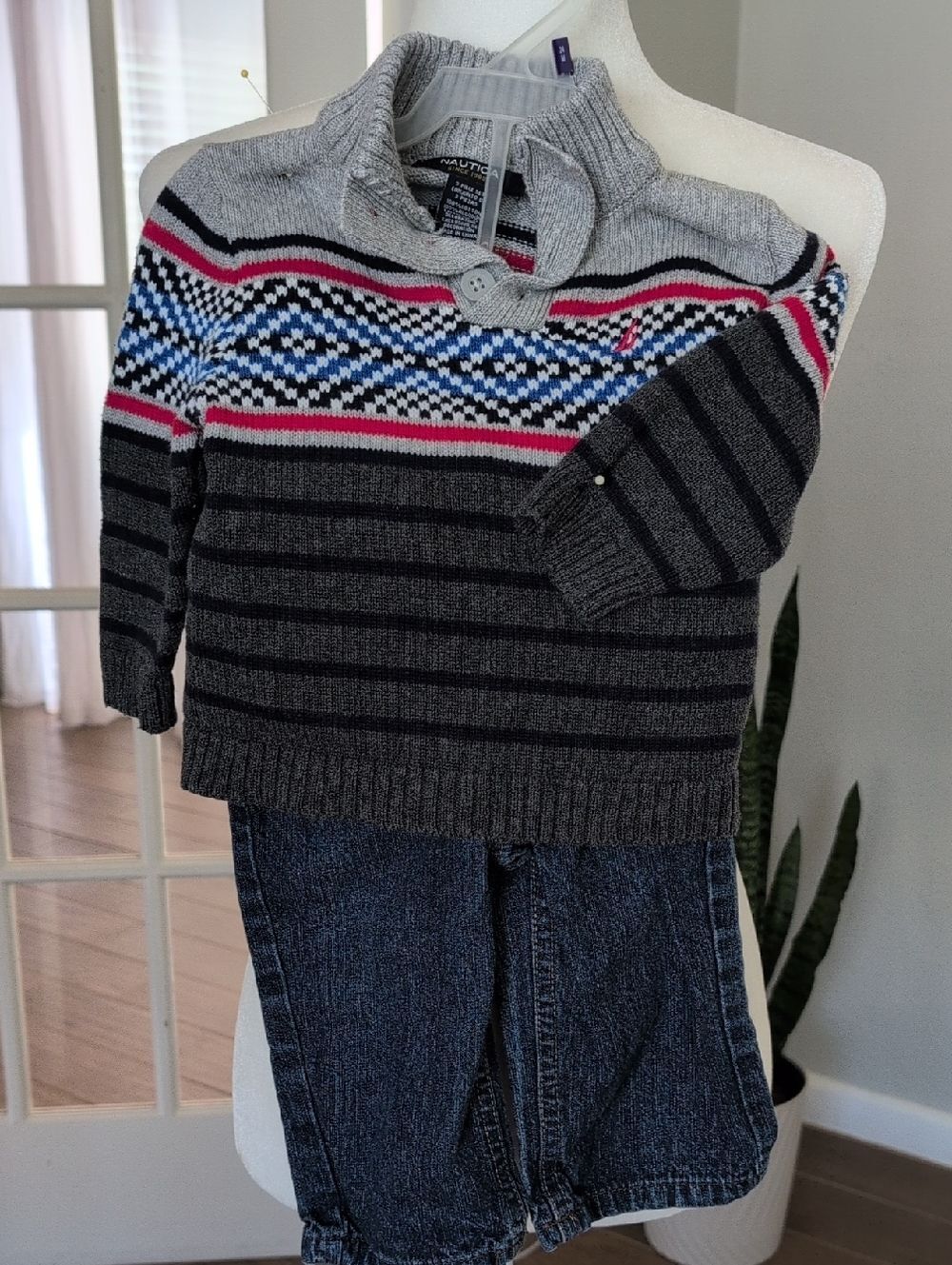Nautica Gray Striped Fair Isle Shawl-Collar Sweater And Jean Set 12 Months